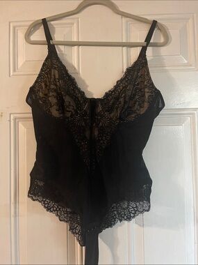 Sheer Lace Trim Black Camisole Bodysuit